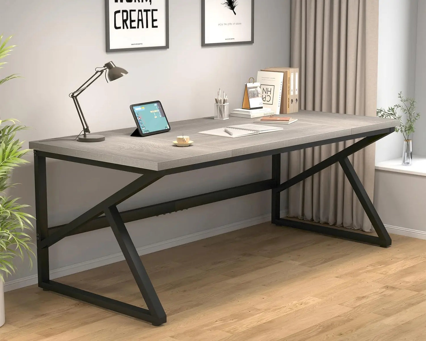 70 Inch Long Grey Desk, Large Home Office Computer Desk for 2 People, Industrial Wood and Metal Executive Work Writing Study