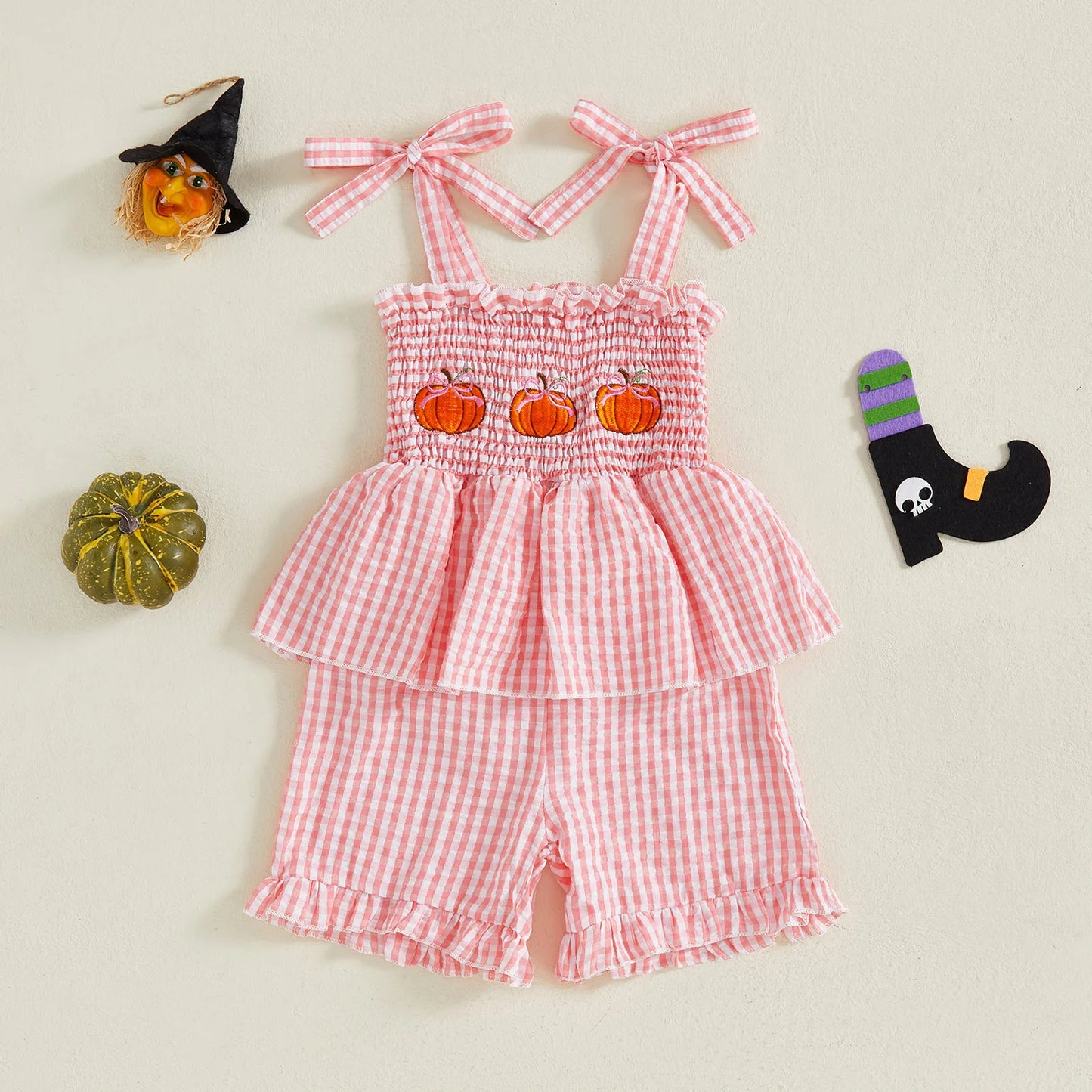 Summer Halloween Kids Girls Clothes Embroidery Pumpkin Camisole Plaid Shorts Romper Outfit