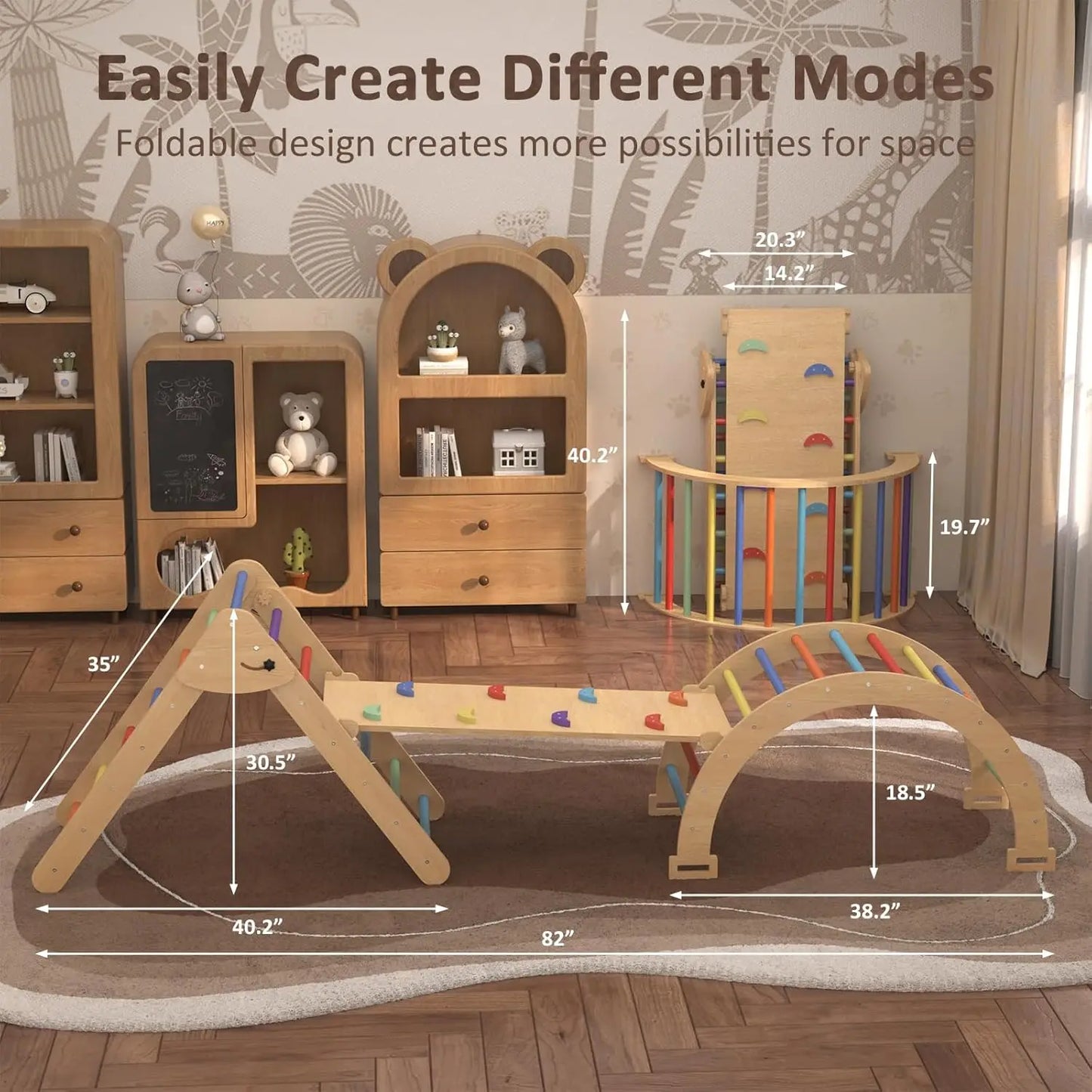Pikler Triangle Set, 5 in 1 Toddler Climbing Toys, Wooden Montessori Climbing Set with Foldable Ladder & Arch & Ramp, Baby Climb