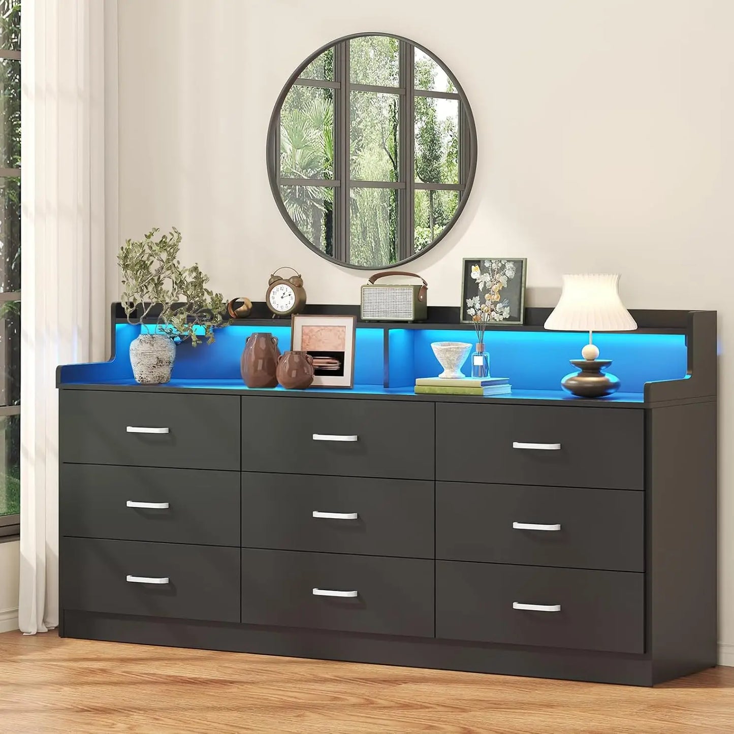 9 Drawer Dresser with Built-in Power Outlet, Mid Century Modern Chest of Drawers for Bedroom,63'' Triple Wide Dresser Storage