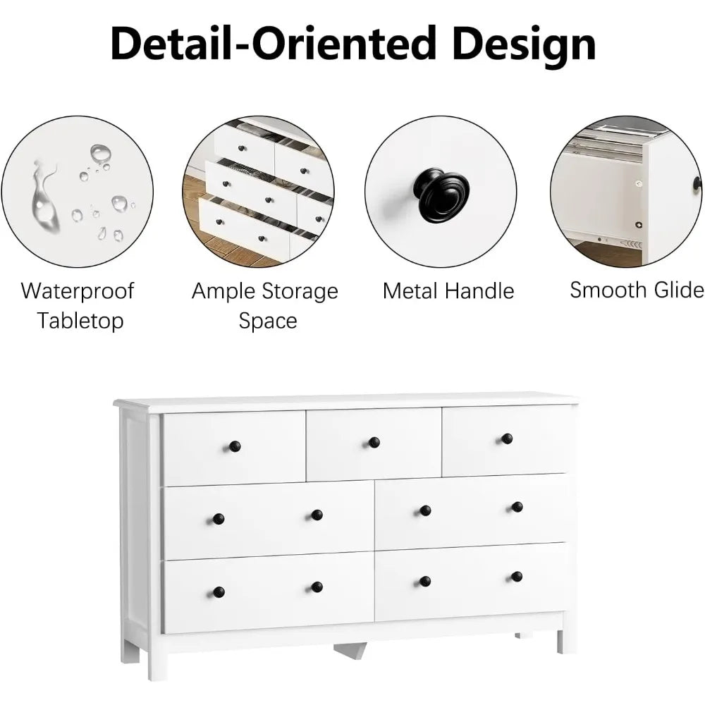 White Dresser for Bedroom, 7 Drawer Chest of Drawer with Metal Handle and Wide Drawer, Modern Wood Double Storage Organizer Dres
