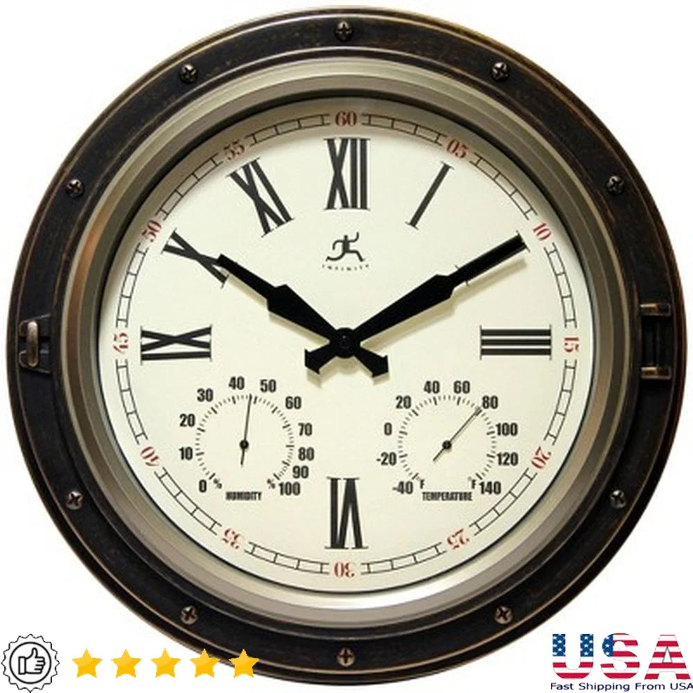 16 Inch Water Resistant Indoor Outdoor Wall Clock with Built-In Hygrometer Thermometer Bronze Finish Easy Read Analog Display