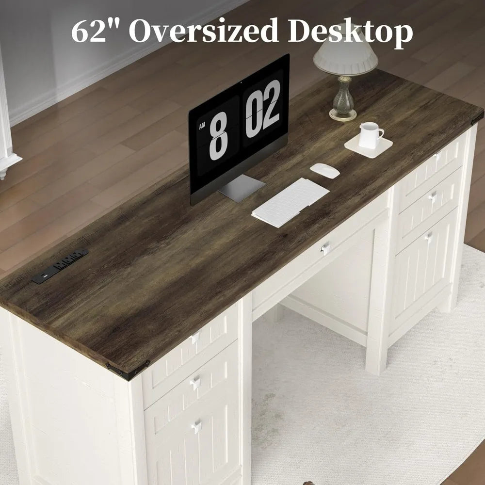 Executive Desk, Modern Farmhouse Computer Desk with Drawers & Cabinet, Home Office Desk for Work Study Writing Workspace (White,