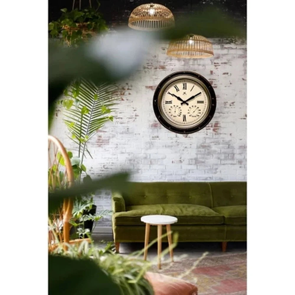 16 Inch Water Resistant Indoor Outdoor Wall Clock with Built-In Hygrometer Thermometer Bronze Finish Easy Read Analog Display