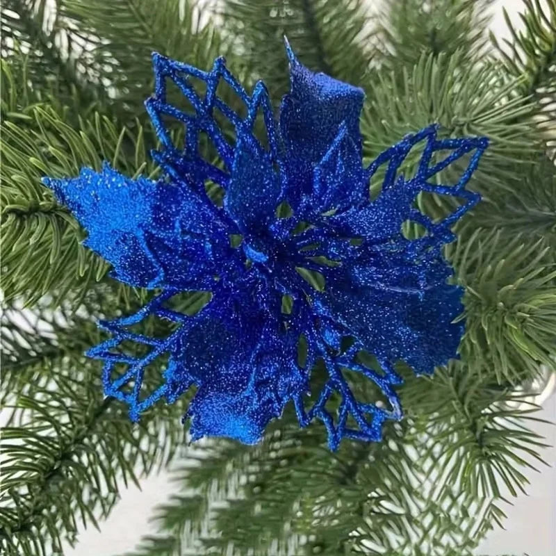 10pcs/set Christmas Glitter Flower 10cm Gold Silver Red Artificial Floral Head Xmas Tree Decoration Home New Year Navidad Gift