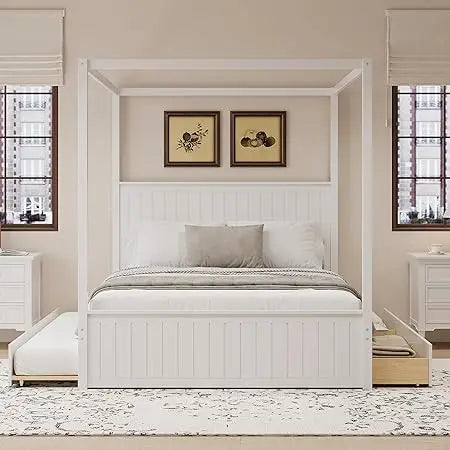 SOFTSEA Queen Size Canopy Platform Bed with Storage Drawers & Trundle, Solid Wood 4-Post Platform Bed Frame with Wood Headboard