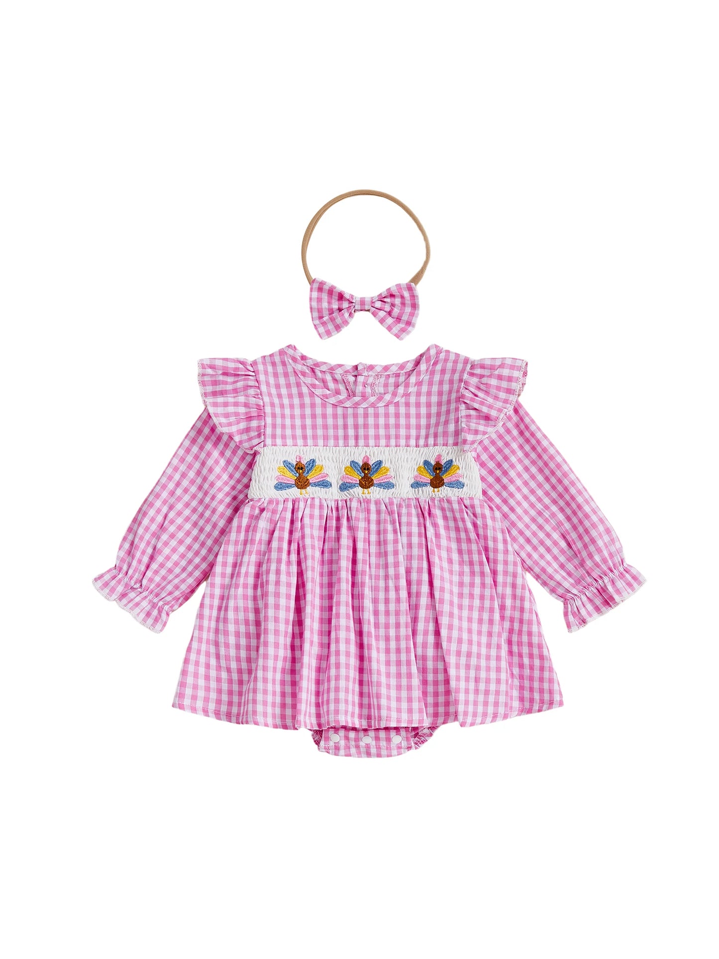 Thanksgiving Baby Girl Outfit Plaid Turkey Embroidered Romper Dress with Long Sleeve and Bow Headband Set - 2 Piece Holiday