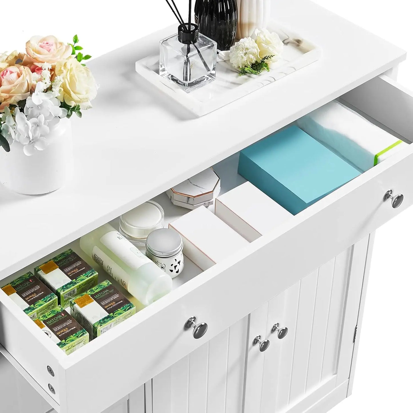 Bathroom Free-Standing Floor Cabinet, Practical Storage Cabinet with 4 Drawers and 2 Doors for Kitchen, Entrance Area,White