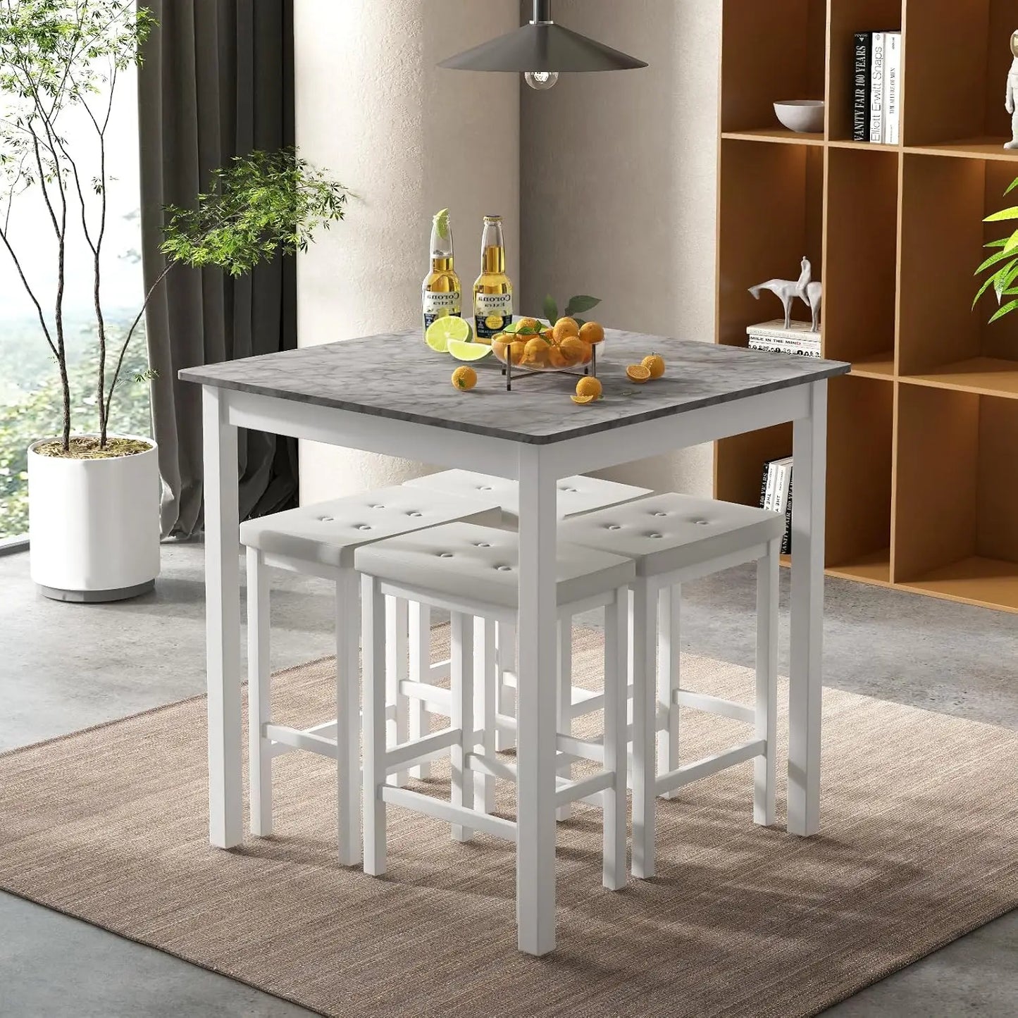 Counter Height Dining Table Set For 4, Space Saving Kitchen Table With 4 Padded Bar Stools, Elegant Faux Marble Breakfast Nook Table Set for Apartments Dining Room, White