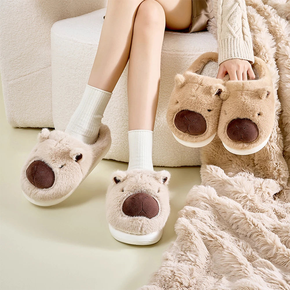 Plush Capybara Slippers Slip-on House Shoes Comfortable Thermal Home Slippers Non-Slip Fuzzy Capybara Slippers for Autumn Winter