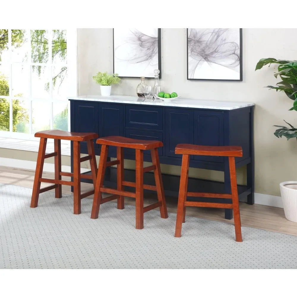 Heavy-Duty Solid Wood Saddle Seat Kitchen Counter Height Barstools, 24 Inches, Dark Oak, Set of 3