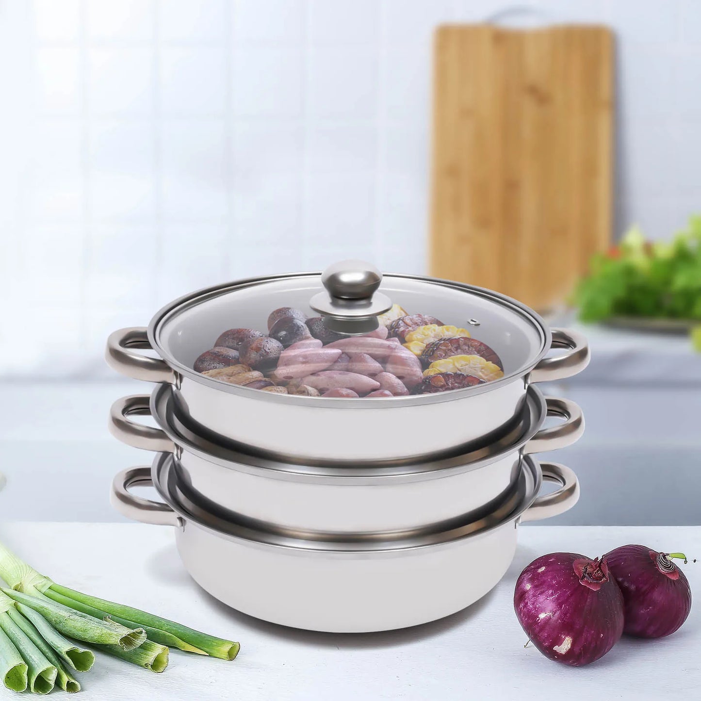 Three - Layer Stainless Steel Steamer Pot: Durable & Stackable for Efficient Cooking