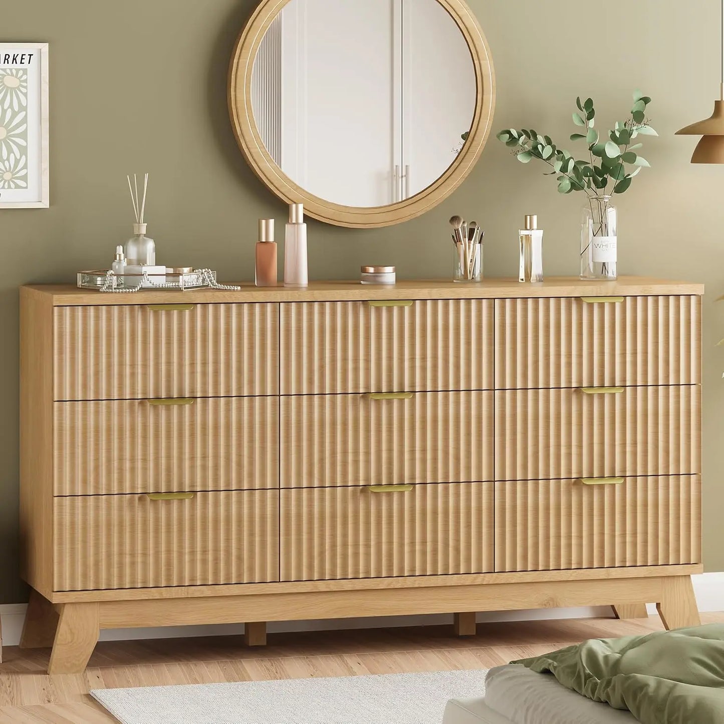 Fluted Dresser for Bedroom with 9 Drawers, 57" Wide Chest of Drawers with Metal Handle, Modern Wood Dresser TV Stand