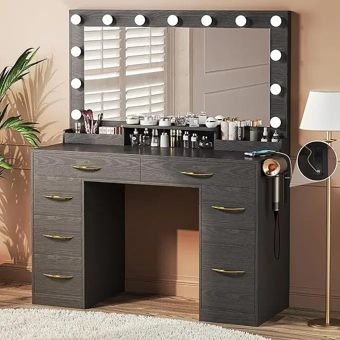 Makeup Vanity Desk with Lights,Desk with Large Mirror, Vanity with Outlets Large Drawers & Storage, 3 Lighting Color
