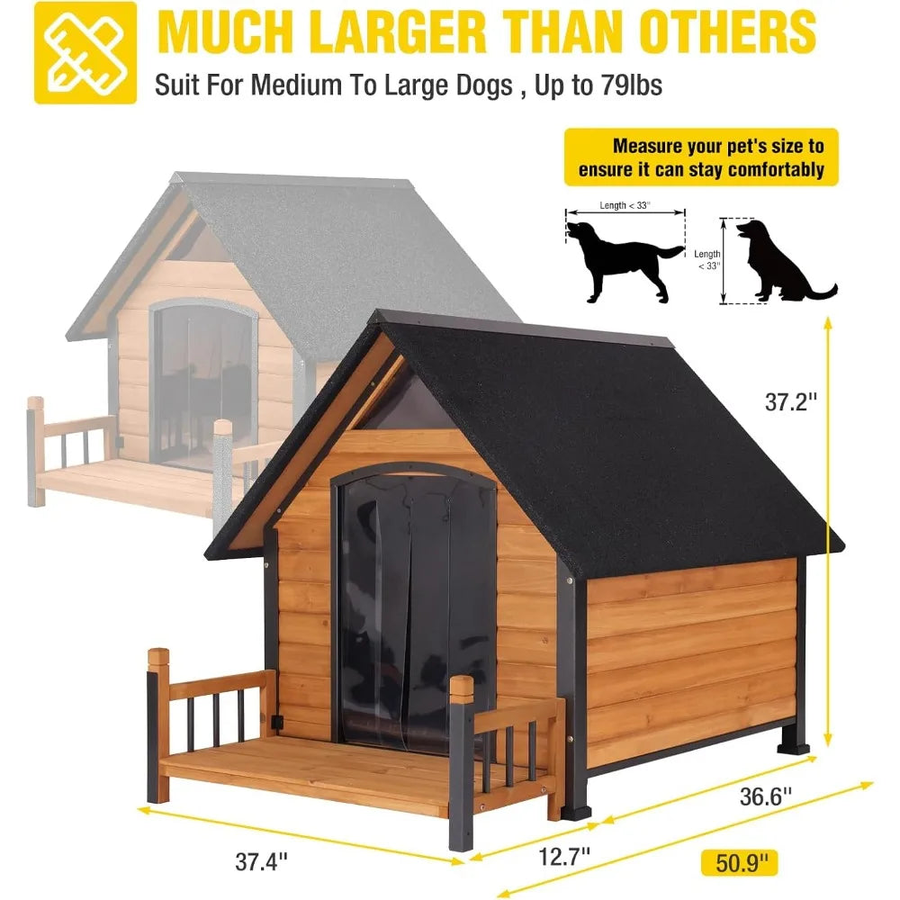 Dog House Outdoor Weatherproof Chew Proof Large Dog Kennel with Metal Frame for Small Medium Large Dogs, 50.9" D x 37.4" W x 37