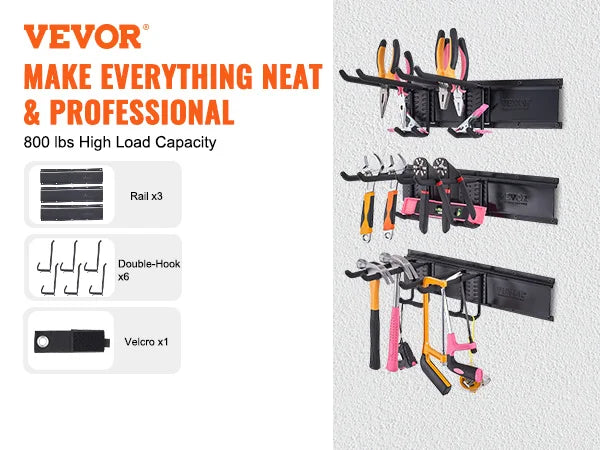 SucceBuy Garage Tool Organizer Wall Mount Yard Garden Heavy Duty Storage Rack W/ Adjustable Hook Rails for Shovels Trimmers Hose