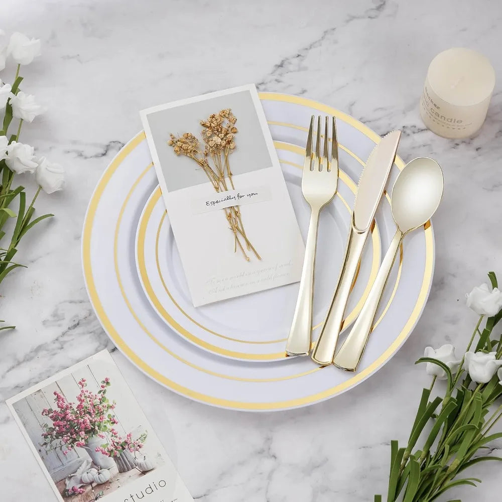 NEW Gold 600PCS Dinnerware Set for 100 Guests,Plastic Plates,100 Gold Disposable Plates,Dessert Plates,Cups,Spoons, Forks&Knives