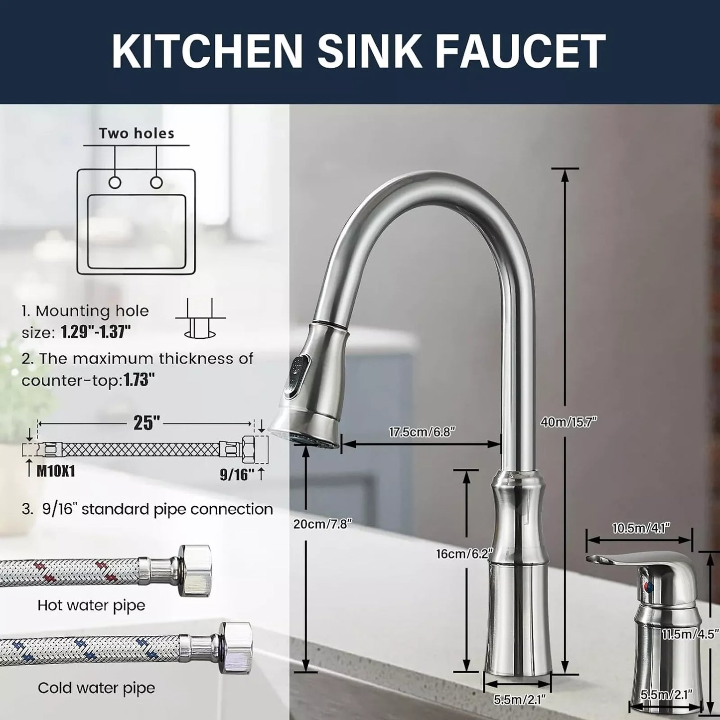 Matte Black Kitchen Sink Faucet with Pull Down Sprayer 1 Handle 2 Hole Mixer Tap Hot and Cold Taps