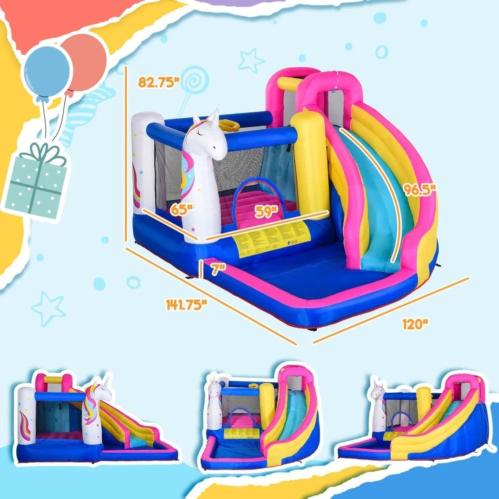 Unicorn 5-in-1 Large Inflatable Bounce House, Inflatable Water Slide for Kids
