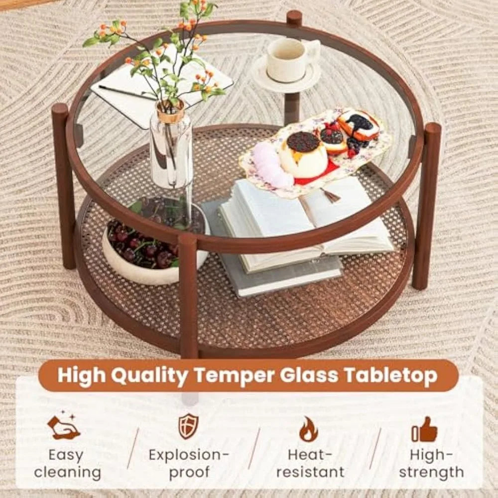 Rattan Coffee Table, Boho Round Glass Tea Table with PE Rattan Storage Shelf & Wood Frame, 2 Tier Accent Center Table for Livin
