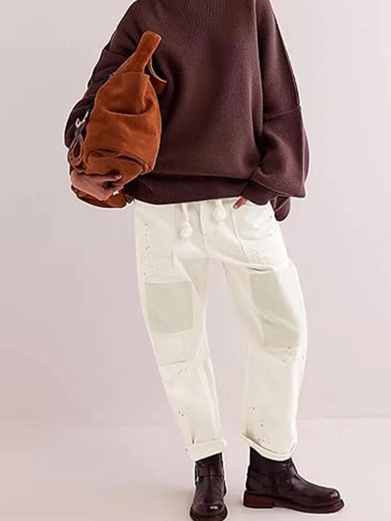 Women's White Loose Straight Leg Spliced Wide Leg Jeans with Drawstring and Pocket, Fashionable Casual Jeans Suitable for Daily