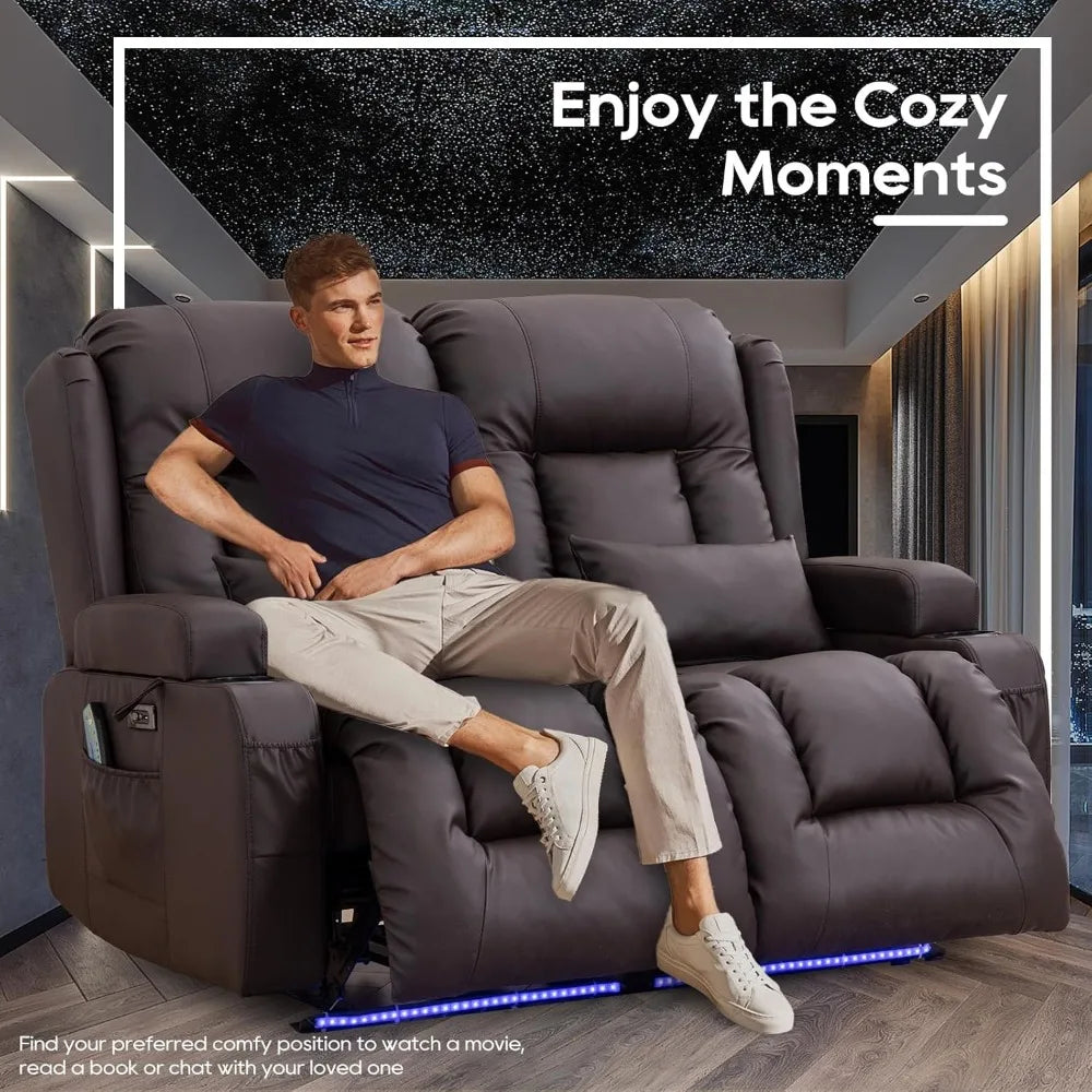 54" Power Loveseat Recliner Sofa, Electric Home Theater Seating with Massage Heat/4 Colors Ambient Lights/USB Port/Side Pocket/