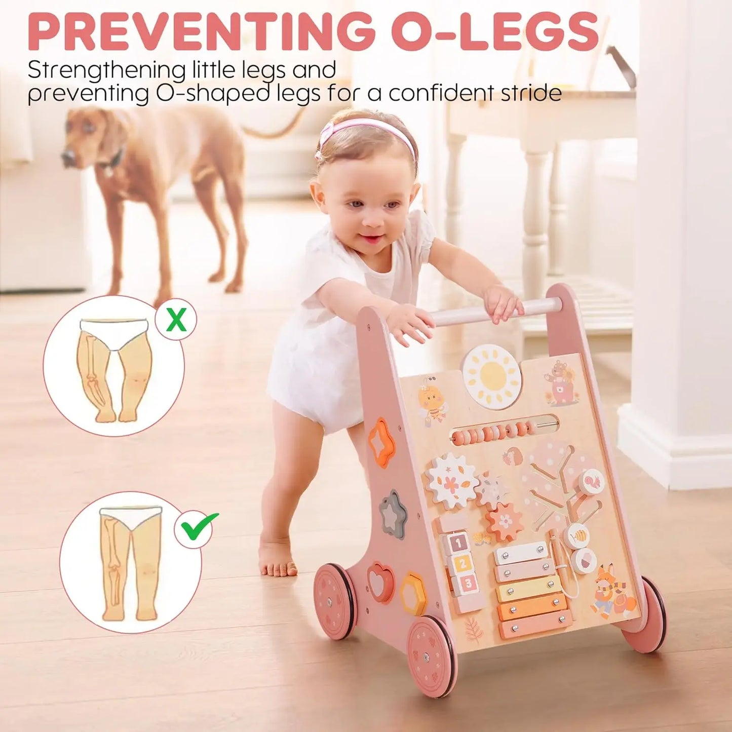 Robotime Robud Wooden Baby Walker Baby Push Walker with Activity Center and Storage Montessori Walker Toy for Boys Girls Pink