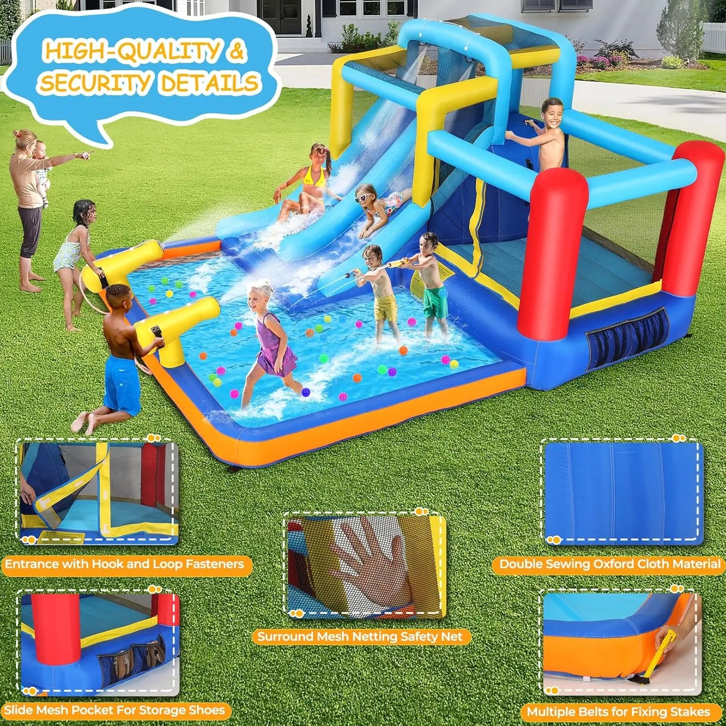 Bounce House with Double Water Slide for Kids Backyard w/Blower, 12x10x6.5 FT Jump and Slide Inflatable Water Park w/ 2 Slides,