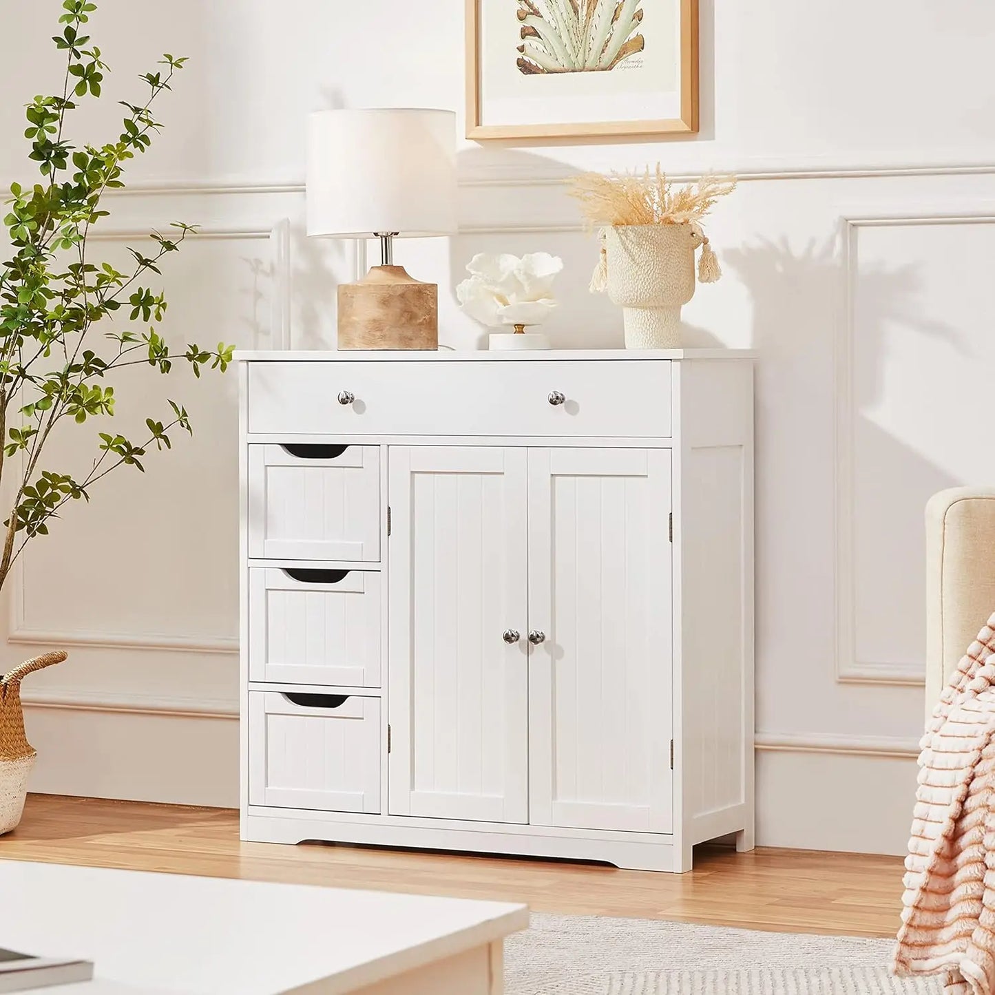 Bathroom Free-Standing Floor Cabinet, Practical Storage Cabinet with 4 Drawers and 2 Doors for Kitchen, Entrance Area,White