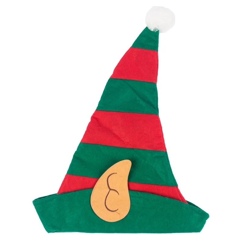 Red Green Striped Hat With White Pom Elf Ears Adults Soft Non-Woven Christmas Elf Hat For Most People Navidad Xmas Ornaments