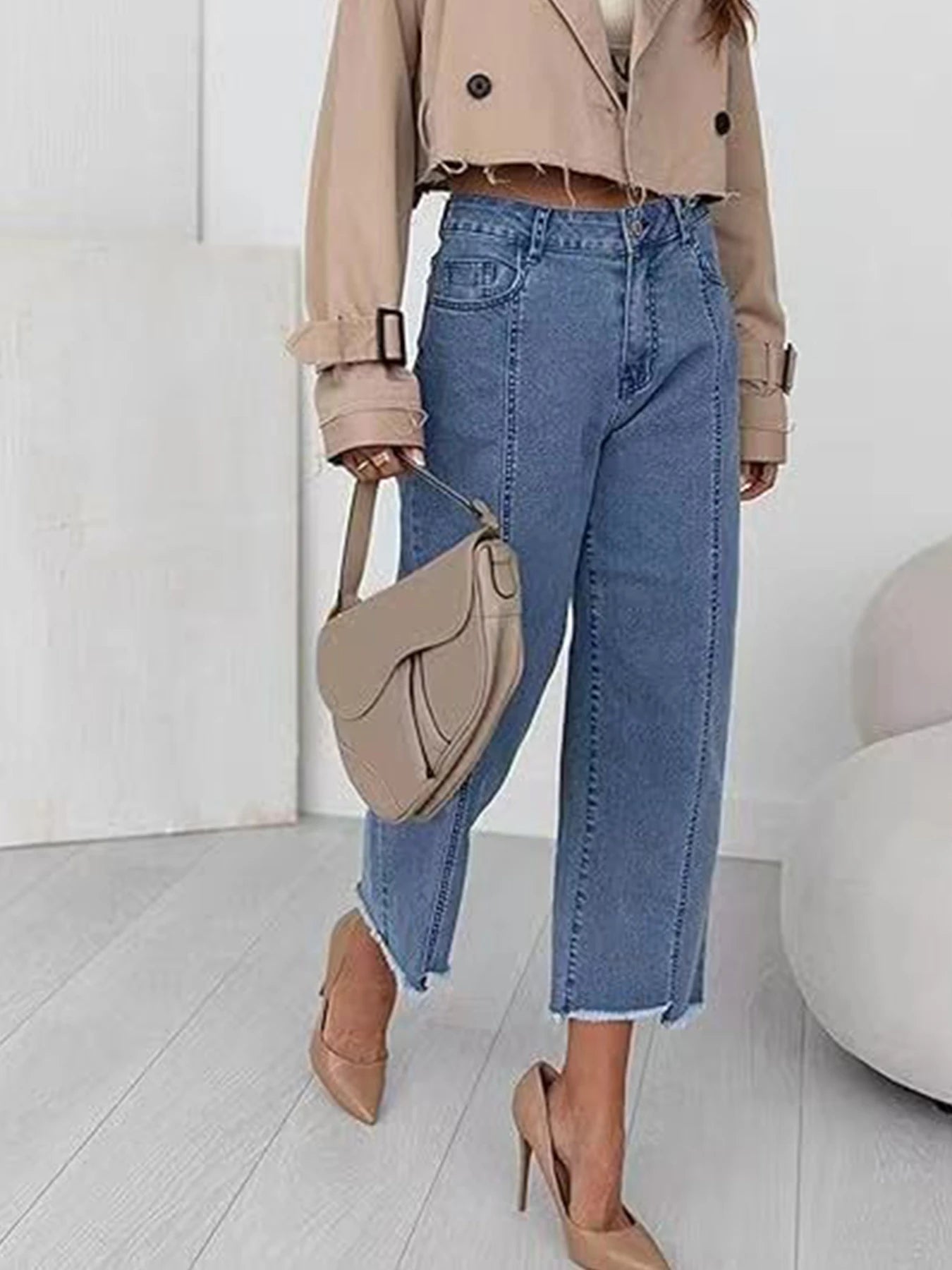 2025 New Personalized Women's Jeans, High Waist Wide Leg Straight Leg Seven Quarter Jeans