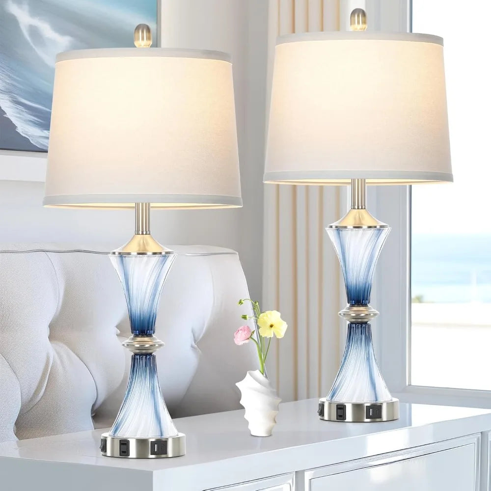Blue Glass Table Lamp Set of 2 with USB C+A Ports & AC Outlet, Bedside Lamp, Modern Bedroom Lamps, Coastal Lamp for Night Stands
