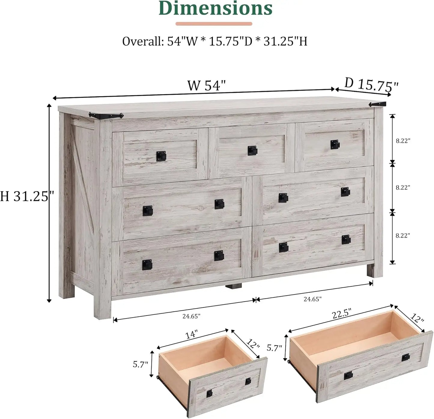 Farmhouse 7 Drawer Dresser for Bedroom, 54 Inch Wide Rustic Wood Dresser TV Stand, Dresser Chest of Drawers for Closet