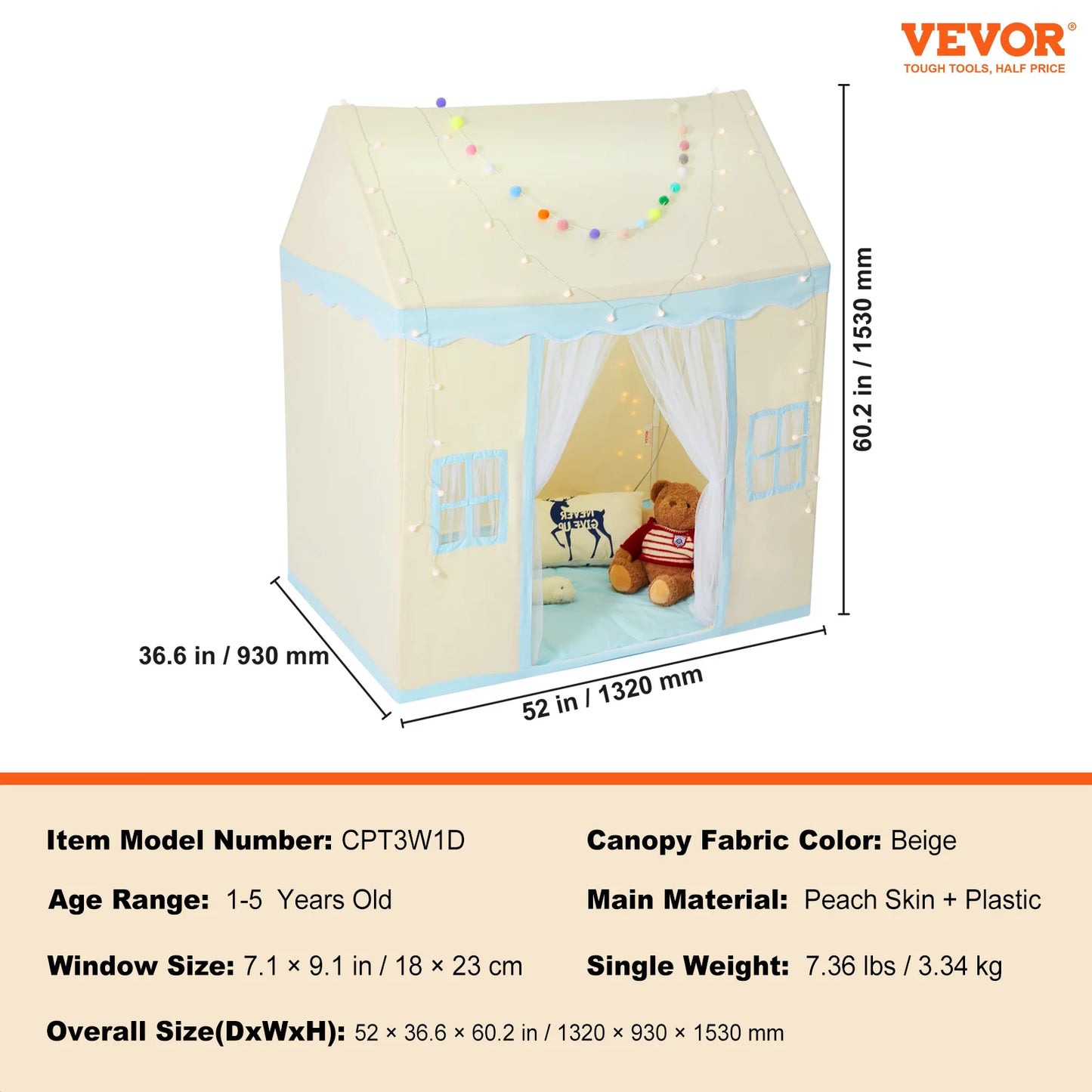 SucceBuy Kid Play Tent Kids Tent for Kids 1-5Year Old Toddler Tent with Mat and Tent Lamp Tent for Kids with Windows Castle Tent