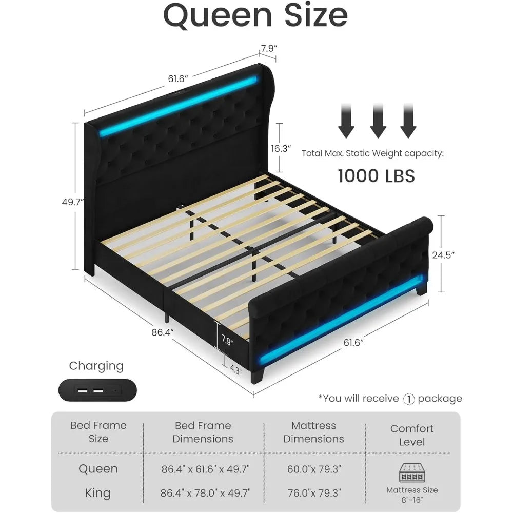 Queen Size Velvet Upholstered Platform Bed Frame with 50" Tall Headboard, LED Lights, and 2 USB Ports