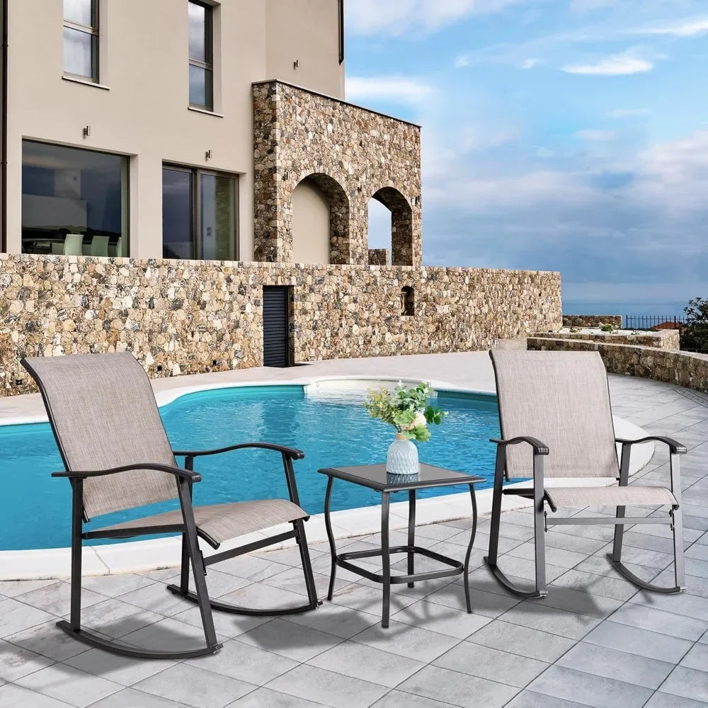 3 Piece Outdoor Rocking Bistro Set, Textilene Fabric Small Patio Furniture Set, Front Porch Rocker Chairs Conversation Set with