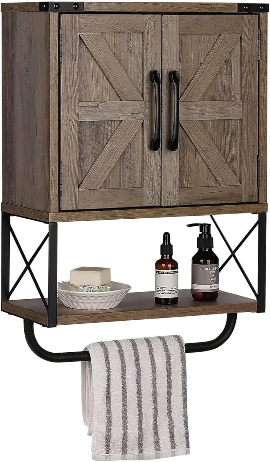 Farmhouse Rustic Medicine Cabinet with Two Barn Door,Wood Wall Mounted Storage Cabinet with Adjustable Shelf and Towel Bar