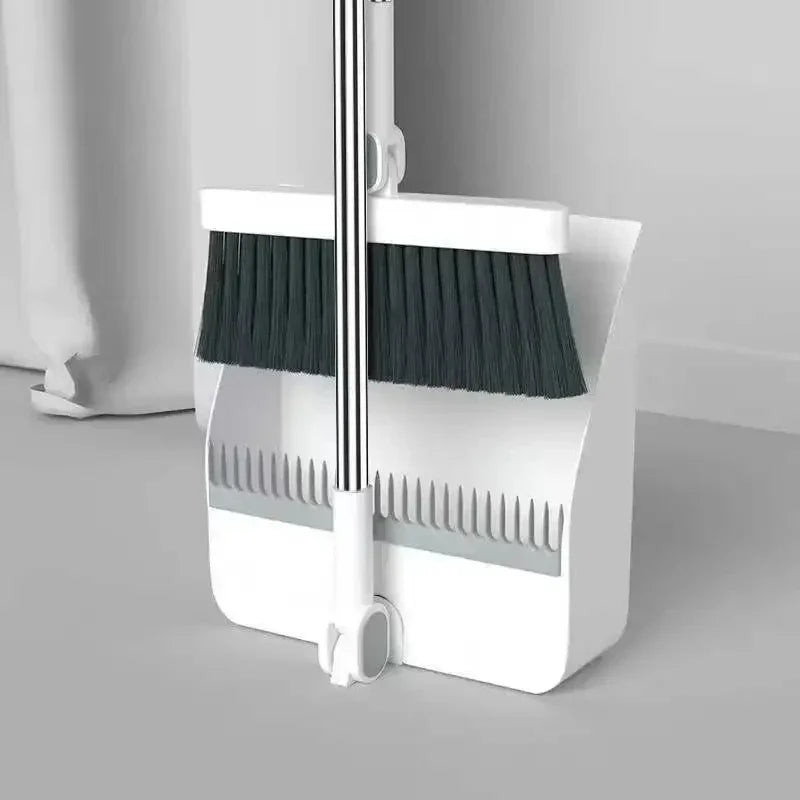 Folding Dustpan & Broom Set – Extra Thick Mounting Teeth, Clip Swivel Long Handle, Space Saving Storage