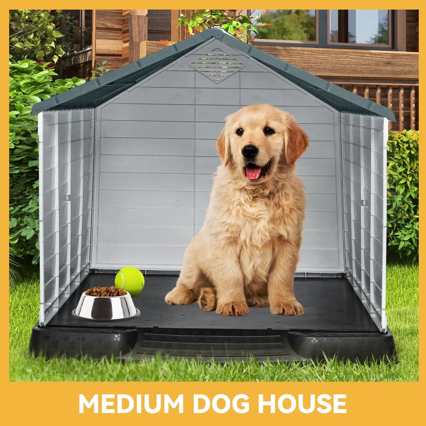 28" Plastic Dog House, Waterproof with Elevated Floor & Air Vents, Easy Clean & Assemble, Gray