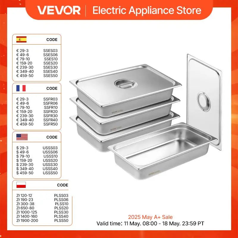 VEVOR 4 Pack Hotel Pans Full Size Anti-Jam Steam Pan with Lid Stainless Steel Steam Table Pan 4-Inch Deep Commercial Table Pan