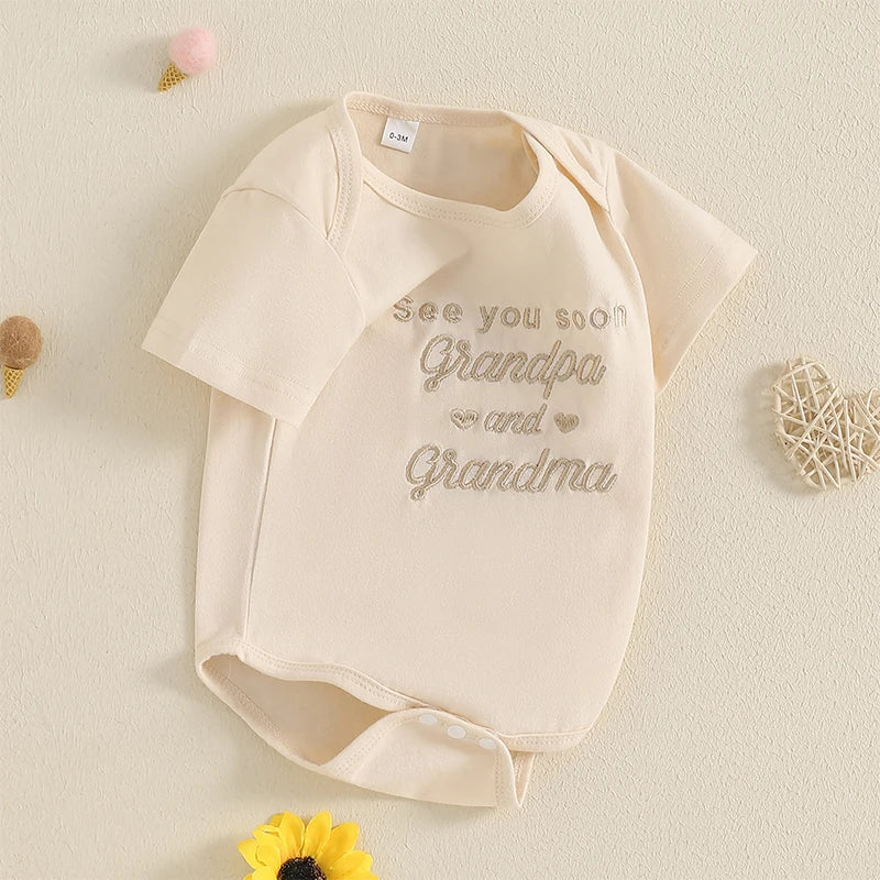 Adorable Infant Unisex Jumpsuit with Alphabet Embroidery and Short Sleeves Stylish Baby Outfit for Warm Weather