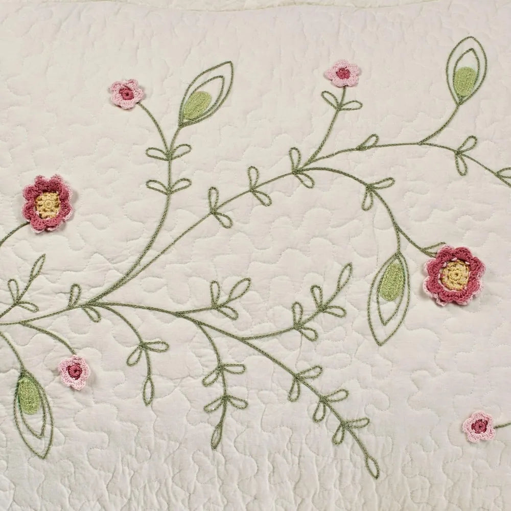 Posy Cottage Garden Style Bedding | Chain Stitch Embroidery, Crochet, & Quilting Fiber Art Floral and Leaf Vines | 3 Piece Quilt