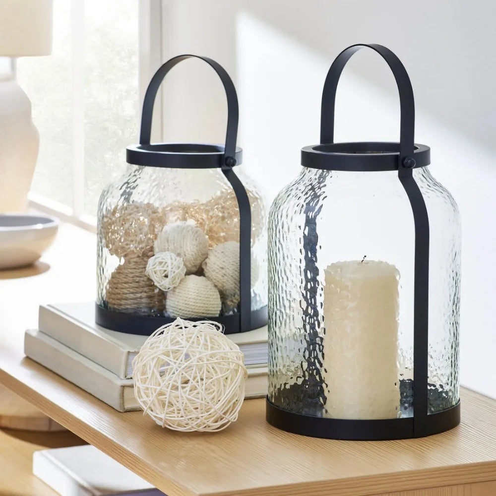 Black Metal Hammered Glass Candleholder Lantern, 11", Large