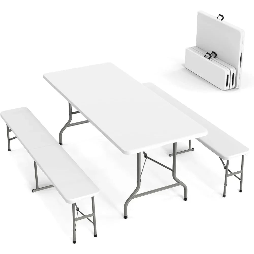 3-Piece Picnic Table Set with 2 Benches 6 Feet Folding Camping Furniture Smooth Indoor Outdoor Use