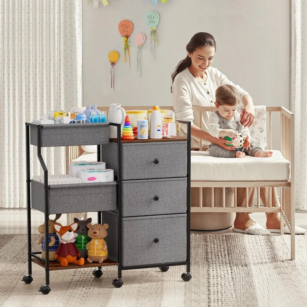Baby Diaper Caddy Organizer and Storage - 3 Tier Rolling Cart with Dividers and Drawers, Easy To Assemble, Mobile Utility Cart w