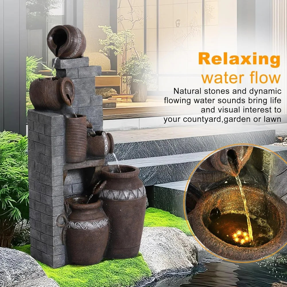 39.3" H Floor-Standing Cascading Garden Fountains, 6-Tiers Indoor/Outdoor Water Fountain with LED,Outdoor Water Fountain