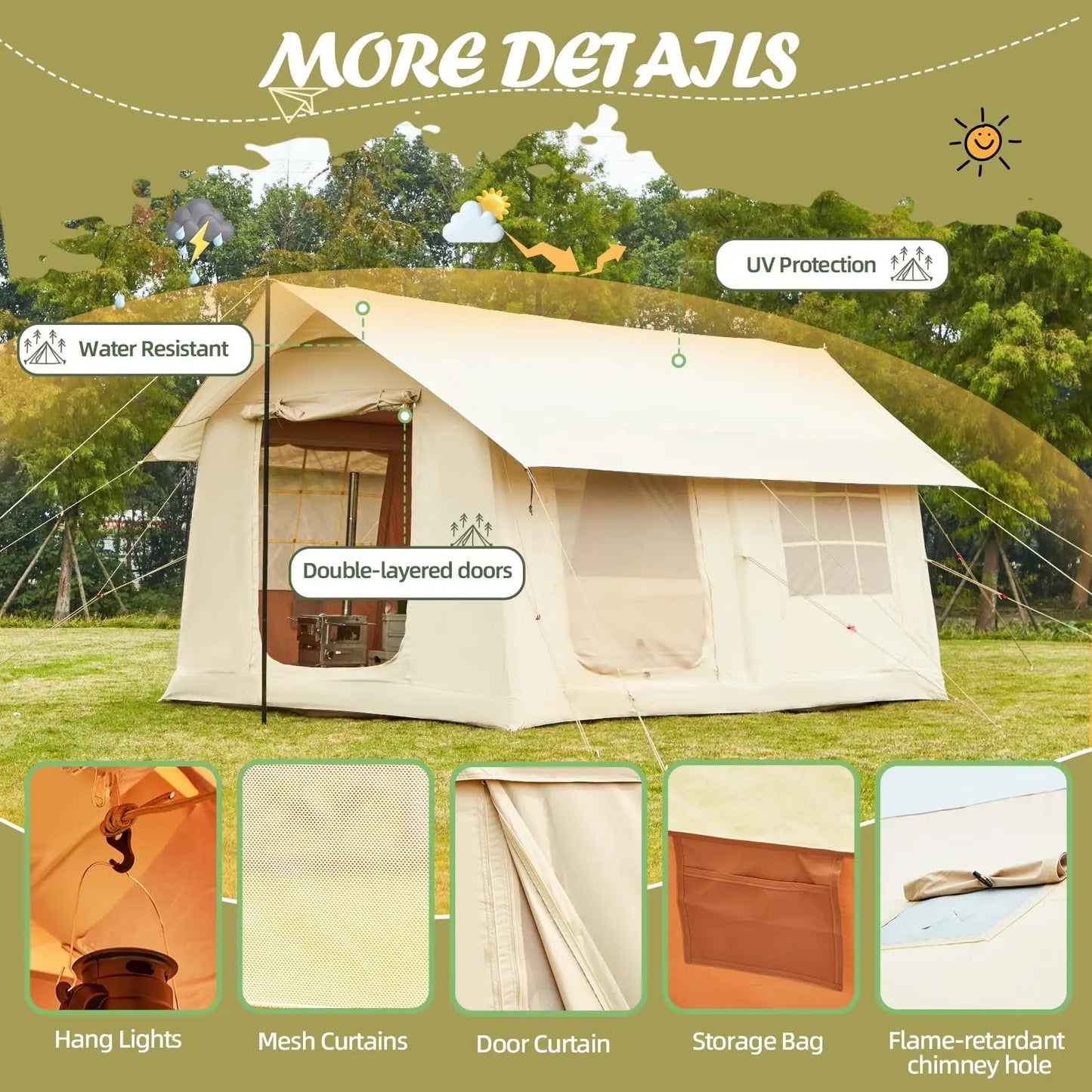 Large Inflatable Camping Tent with Stove Jack, Glamping Inflatable Tents 10-12 people for Camping, Easy Setup Tent