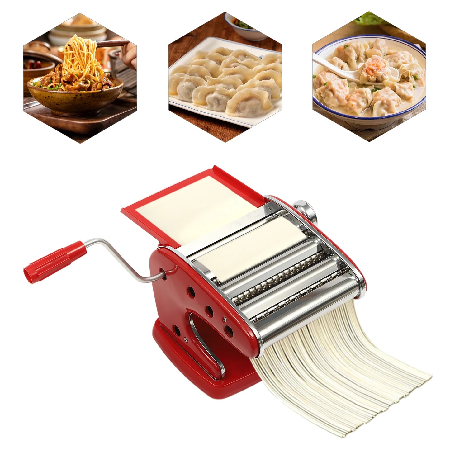 Manual Pasta Maker Machine Stainless Steel Thickness Settings Suction Cup with 6 Adjustable Red