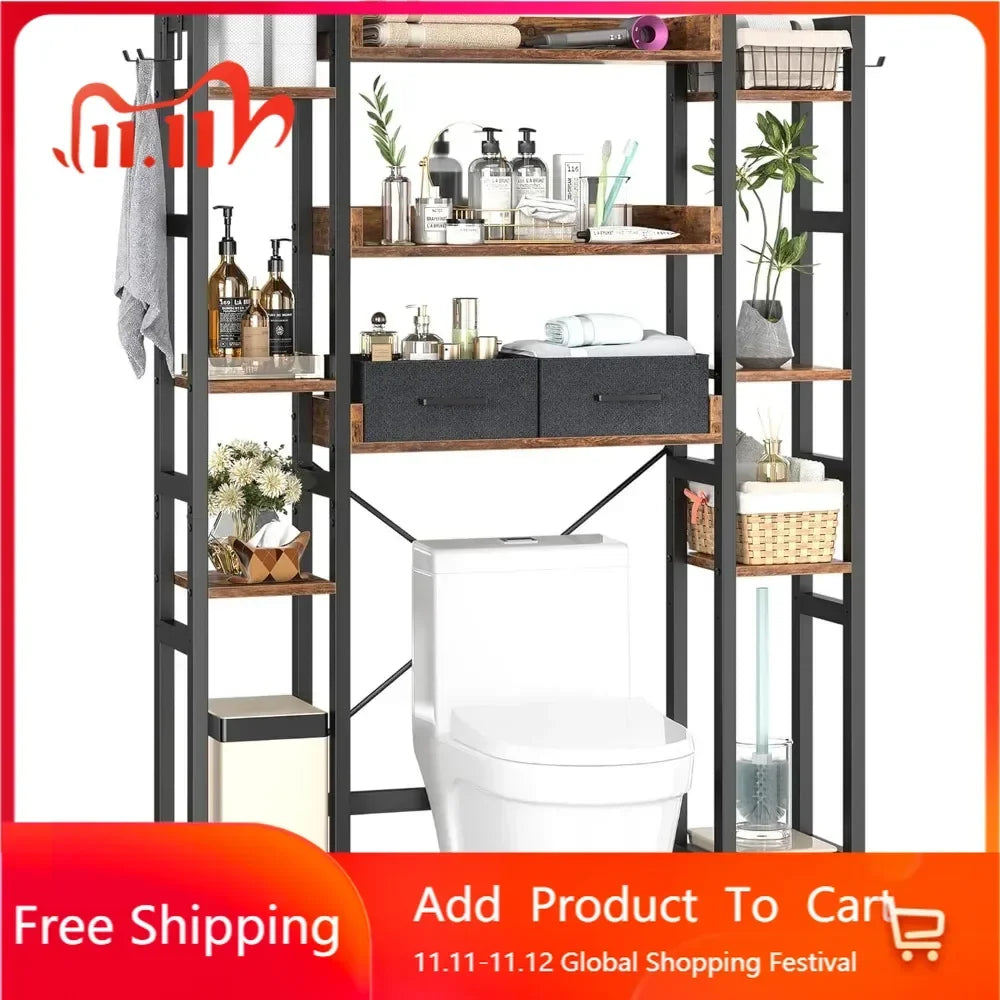 Over The Toilet Storage with 2 Drawers - 11 Tier Bathroom Organizer Freestanding Space Saver Storage Rack with Adjustable Shelf