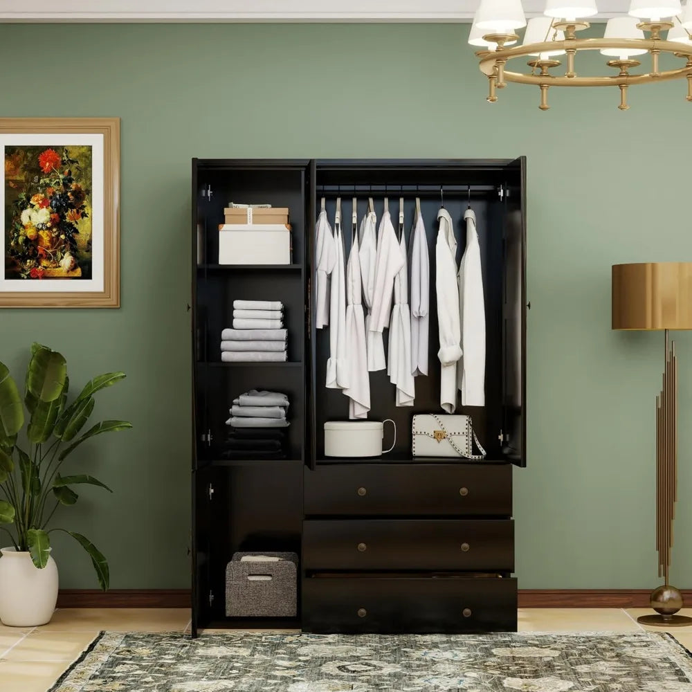 4-Door Solid Wood Armoire - Elegant Wardrobe with 2 Drawers & Dual Hanging Rods